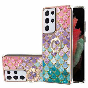 For Samsung Galaxy S21 Ultra 5G Electroplating Pattern IMD TPU Shockproof Case with Rhinestone Ring Holder(Colorful Scales)