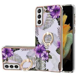 For Samsung Galaxy S21+ 5G Electroplating Pattern IMD TPU Shockproof Case with Rhinestone Ring Holder(Purple Flower)