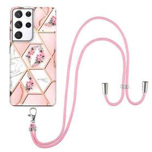 For Samsung Galaxy S21 Ultra 5G Electroplating Splicing Marble Flower Pattern TPU Shockproof Case with Lanyard(Pink Flower)