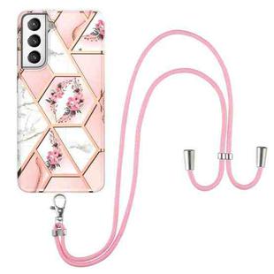 For Samsung Galaxy S21+ 5G Electroplating Splicing Marble Flower Pattern TPU Shockproof Case with Lanyard(Pink Flower)