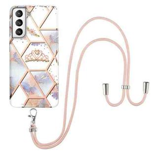 For Samsung Galaxy S21+ 5G Electroplating Splicing Marble Flower Pattern TPU Shockproof Case with Lanyard(Imperial Crown)