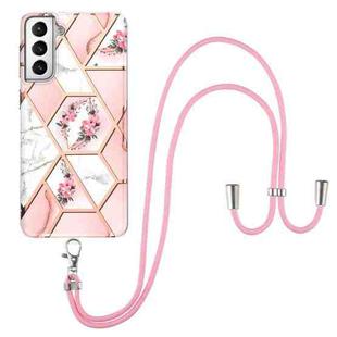 For Samsung Galaxy S21 5G Electroplating Splicing Marble Flower Pattern TPU Shockproof Case with Lanyard(Pink Flower)