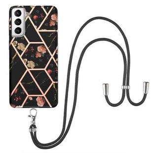 For Samsung Galaxy S21 5G Electroplating Splicing Marble Flower Pattern TPU Shockproof Case with Lanyard(Black Flower)