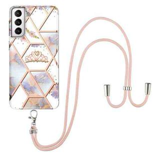 For Samsung Galaxy S21 5G Electroplating Splicing Marble Flower Pattern TPU Shockproof Case with Lanyard(Imperial Crown)