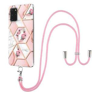 For Samsung Galaxy S20+ Electroplating Splicing Marble Flower Pattern TPU Shockproof Case with Lanyard(Pink Flower)