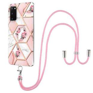 For Samsung Galaxy S20 Electroplating Splicing Marble Flower Pattern TPU Shockproof Case with Lanyard(Pink Flower)