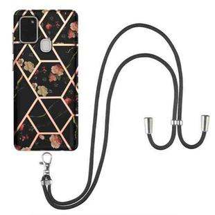 For Samsung Galaxy A21s Electroplating Splicing Marble Flower Pattern TPU Shockproof Case with Lanyard(Black Flower)