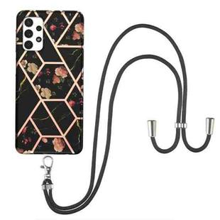 For Samsung Galaxy A32 5G Electroplating Splicing Marble Flower Pattern TPU Shockproof Case with Lanyard(Black Flower)