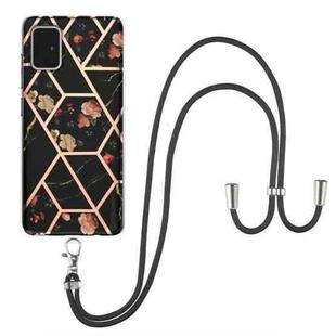 For Samsung Galaxy A51 Electroplating Splicing Marble Flower Pattern TPU Shockproof Case with Lanyard(Black Flower)