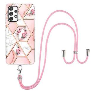 For Samsung Galaxy A72 5G / 4G Electroplating Splicing Marble Flower Pattern TPU Shockproof Case with Lanyard(Pink Flower)
