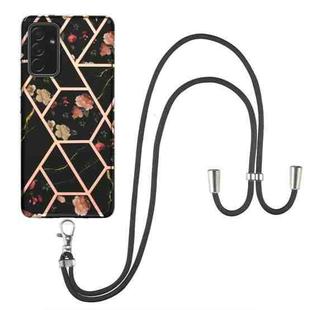 For Samsung Galaxy A82 5G Electroplating Splicing Marble Flower Pattern TPU Shockproof Case with Lanyard(Black Flower)