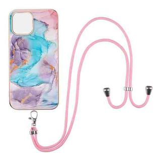 For iPhone 13 mini Electroplating Pattern IMD TPU Shockproof Case with Neck Lanyard (Milky Way Blue Marble)