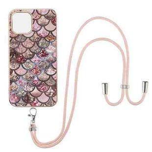 For iPhone 13 Electroplating Pattern IMD TPU Shockproof Case with Neck Lanyard(Pink Scales)