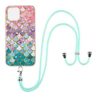 For iPhone 13 Electroplating Pattern IMD TPU Shockproof Case with Neck Lanyard(Colorful Scales)