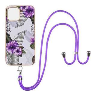 For iPhone 13 Electroplating Pattern IMD TPU Shockproof Case with Neck Lanyard(Purple Flower)