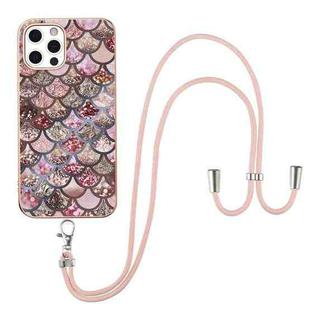 For iPhone 12 Pro Max Electroplating Pattern IMD TPU Shockproof Case with Neck Lanyard(Pink Scales)
