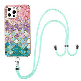 For iPhone 12 Pro Max Electroplating Pattern IMD TPU Shockproof Case with Neck Lanyard(Colorful Scales)