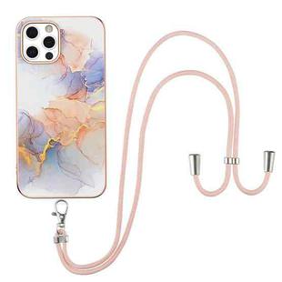 For iPhone 12 Pro Max Electroplating Pattern IMD TPU Shockproof Case with Neck Lanyard(Milky Way White Marble)