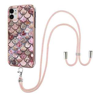 For iPhone 11 Electroplating Pattern IMD TPU Shockproof Case with Neck Lanyard (Pink Scales)