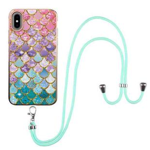 For iPhone X / XS Electroplating Pattern IMD TPU Shockproof Case with Neck Lanyard(Colorful Scales)