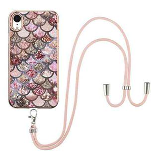 For iPhone XR Electroplating Pattern IMD TPU Shockproof Case with Neck Lanyard(Pink Scales)