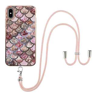 For iPhone XS Max Electroplating Pattern IMD TPU Shockproof Case with Neck Lanyard(Pink Scales)