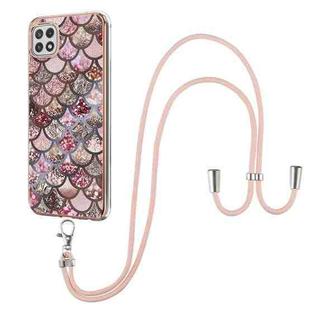 For Samsung Galaxy A22 5G US Version Electroplating Pattern IMD TPU Shockproof Case with Neck Lanyard(Pink Scales)