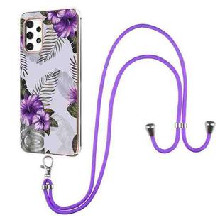 For Samsung Galaxy A32 4G EU Version Electroplating Pattern IMD TPU Shockproof Case with Neck Lanyard(Purple Flower)