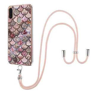 For Samsung Galaxy M11 / A11 Electroplating Pattern IMD TPU Shockproof Case with Neck Lanyard(Pink Scales)