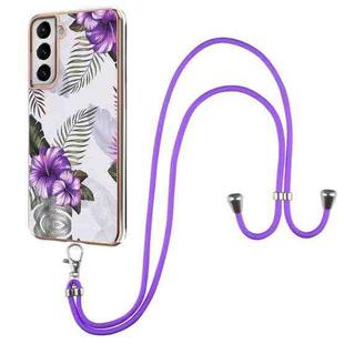 For Samsung Galaxy S21 5G Electroplating Pattern IMD TPU Shockproof Case with Neck Lanyard(Purple Flower)