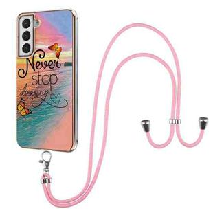For Samsung Galaxy S21 FE Electroplating Pattern IMD TPU Shockproof Case with Neck Lanyard(Dream Chasing Butterfly)