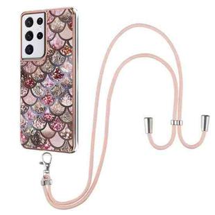 For Samsung Galaxy S21 Ultra 5G Electroplating Pattern IMD TPU Shockproof Case with Neck Lanyard(Pink Scales)
