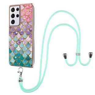 For Samsung Galaxy S21 Ultra 5G Electroplating Pattern IMD TPU Shockproof Case with Neck Lanyard(Colorful Scales)