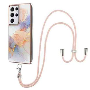 For Samsung Galaxy S21 Ultra 5G Electroplating Pattern IMD TPU Shockproof Case with Neck Lanyard(Milky Way White Marble)