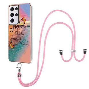For Samsung Galaxy S21 Ultra 5G Electroplating Pattern IMD TPU Shockproof Case with Neck Lanyard(Dream Chasing Butterfly)