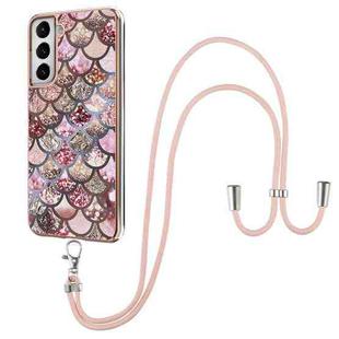 For Samsung Galaxy S21+ 5G Electroplating Pattern IMD TPU Shockproof Case with Neck Lanyard(Pink Scales)