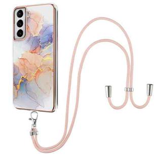 For Samsung Galaxy S21+ 5G Electroplating Pattern IMD TPU Shockproof Case with Neck Lanyard(Milky Way White Marble)