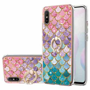 For Xiaomi Redmi 9A Electroplating Pattern IMD TPU Shockproof Case with Rhinestone Ring Holder(Colorful Scales)