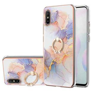 For Xiaomi Redmi 9A Electroplating Pattern IMD TPU Shockproof Case with Rhinestone Ring Holder(Milky Way White Marble)