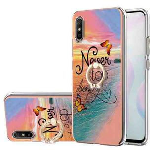 For Xiaomi Redmi 9A Electroplating Pattern IMD TPU Shockproof Case with Rhinestone Ring Holder(Dream Chasing Butterfly)