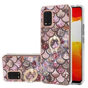 For Xiaomi Mi 10 Lite 5G Electroplating Pattern IMD TPU Shockproof Case with Rhinestone Ring Holder(Pink Scales)