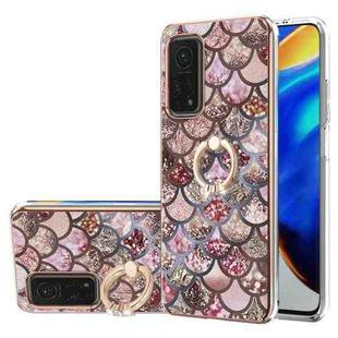 For Xiaomi Mi 10T 5G/10T Pro 5G Electroplating Pattern IMD TPU Shockproof Case with Rhinestone Ring Holder(Pink Scales)