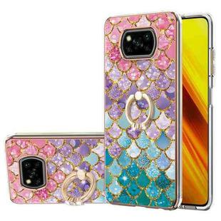 For Xiaomi Poco X3 NFC Electroplating Pattern IMD TPU Shockproof Case with Rhinestone Ring Holder(Colorful Scales)