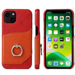 For iPhone 13 Fierre Shann Oil Wax Texture Genuine Leather Back Cover Case with 360 Degree Rotation Holder & Card Slot(Red)