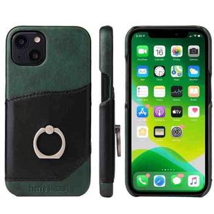 For iPhone 13 Fierre Shann Oil Wax Texture Genuine Leather Back Cover Case with 360 Degree Rotation Holder & Card Slot(Black)