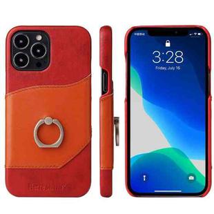 For iPhone 13 Pro Max Fierre Shann Oil Wax Texture Genuine Leather Back Cover Case with 360 Degree Rotation Holder & Card Slot (Red)