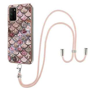 For Xiaomi Poco M3 / Redmi Note 9 4G Electroplating Pattern IMD TPU Shockproof Case with Neck Lanyard(Pink Scales)