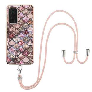 For Xiaomi Mi 10T 5G / 10T Pro 5G Electroplating Pattern IMD TPU Shockproof Case with Neck Lanyard(Pink Scales)