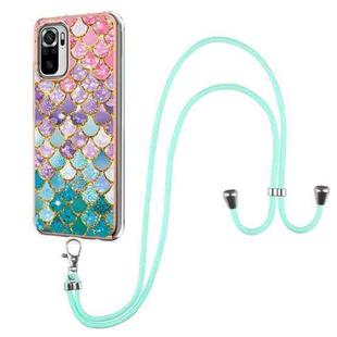 For Xiaomi Redmi Note 10 Electroplating Pattern IMD TPU Shockproof Case with Neck Lanyard(Colorful Scales)