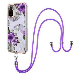For Xiaomi Redmi Note 10 Electroplating Pattern IMD TPU Shockproof Case with Neck Lanyard(Purple Flower)